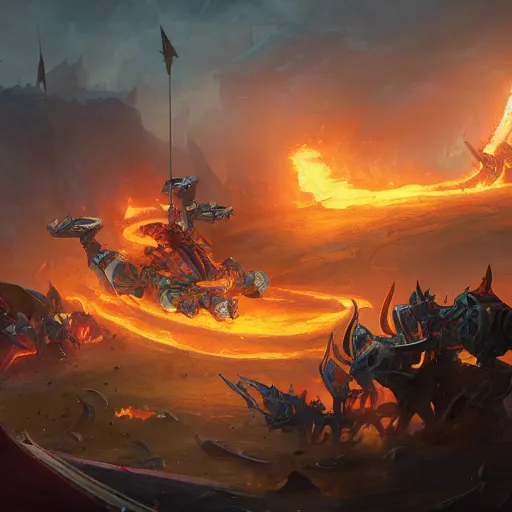 Image similar to a fiery siege chariots, catapult, yellow battlefield theme, bright art masterpiece artstation. 8 k, sharp high quality artwork in style of jose daniel cabrera pena and greg rutkowski, concept art by tooth wu, blizzard warcraft artwork, hearthstone card game artwork, cart wheels