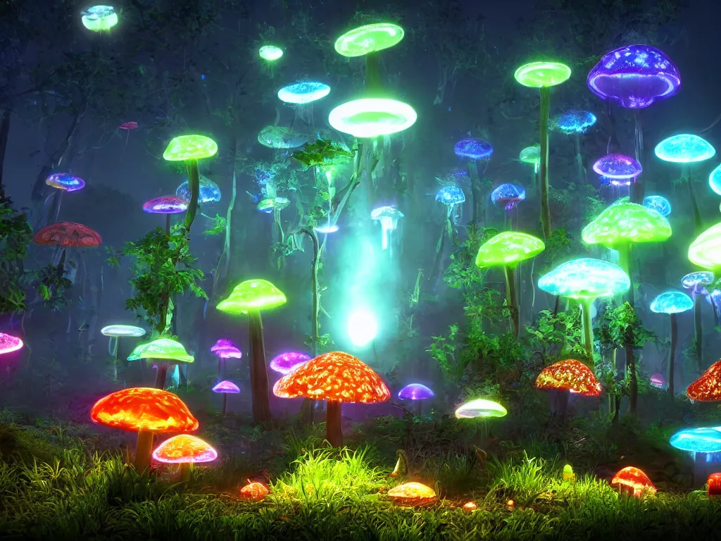 Prompt: many large bioluminescent mushrooms with glowing spores, unreal engine 5, uhd wallpaper 8k