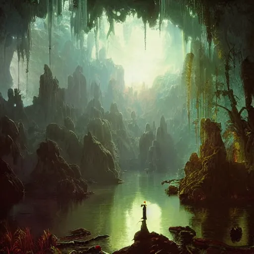 Image similar to beautiful painting, highly detailed, crystal lighting, mystical, hyperrealistic, 4 k, unreal engine, magical, by albert bierstadt, joe fenton, greg rutkowski, greg tocchini, kaws, kate beaton, and kaethe butcher