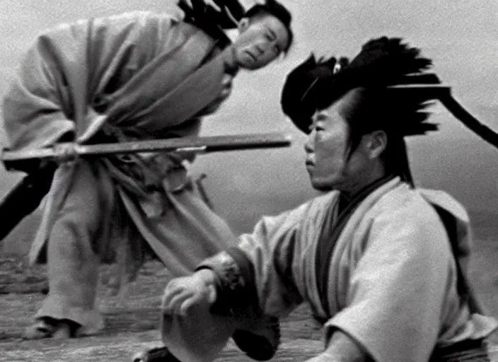 Image similar to a movie still of a samurai slicing through a loaf of bread, a movie by Akira Kurosawa