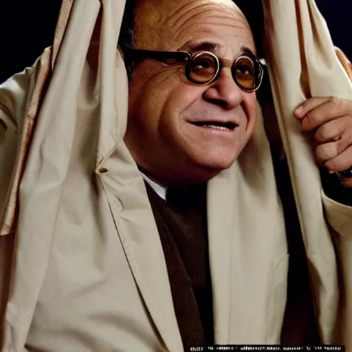 Prompt: godlike Danny DeVito, wearing a toga, eyes with no pupils, sitting atop Mount Olympus, stormy skies