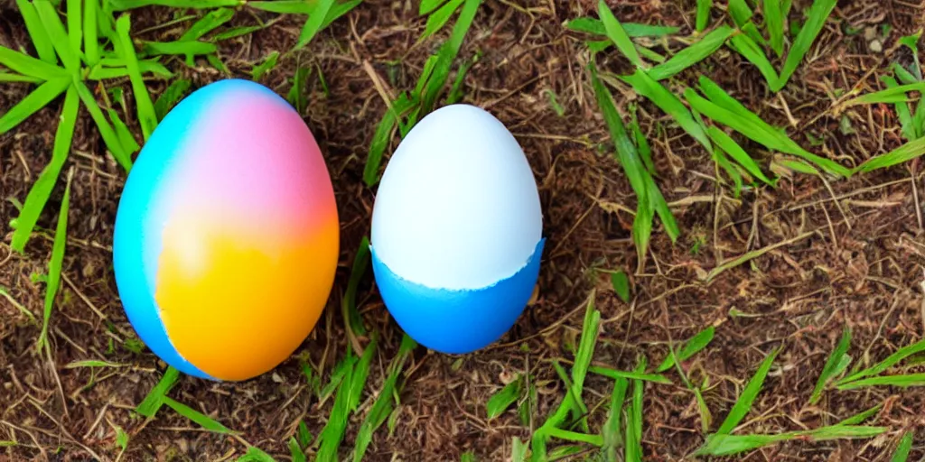 Prompt: a egg in the colors of the trans flag, cracking open to reveal a beautiful butterfly