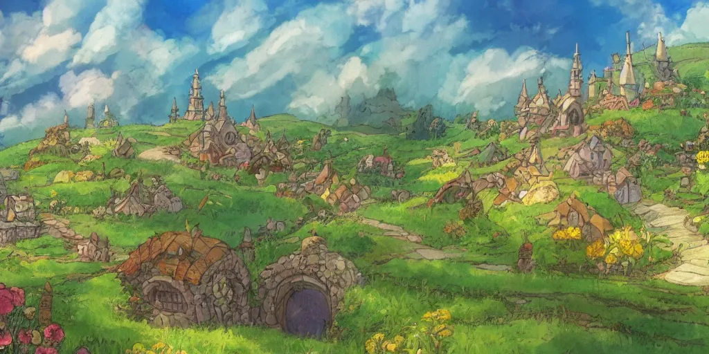 Image similar to a still of a background from howl's moving castle!!!!! of hobbiton, light bloom, studio ghibli!!!!!