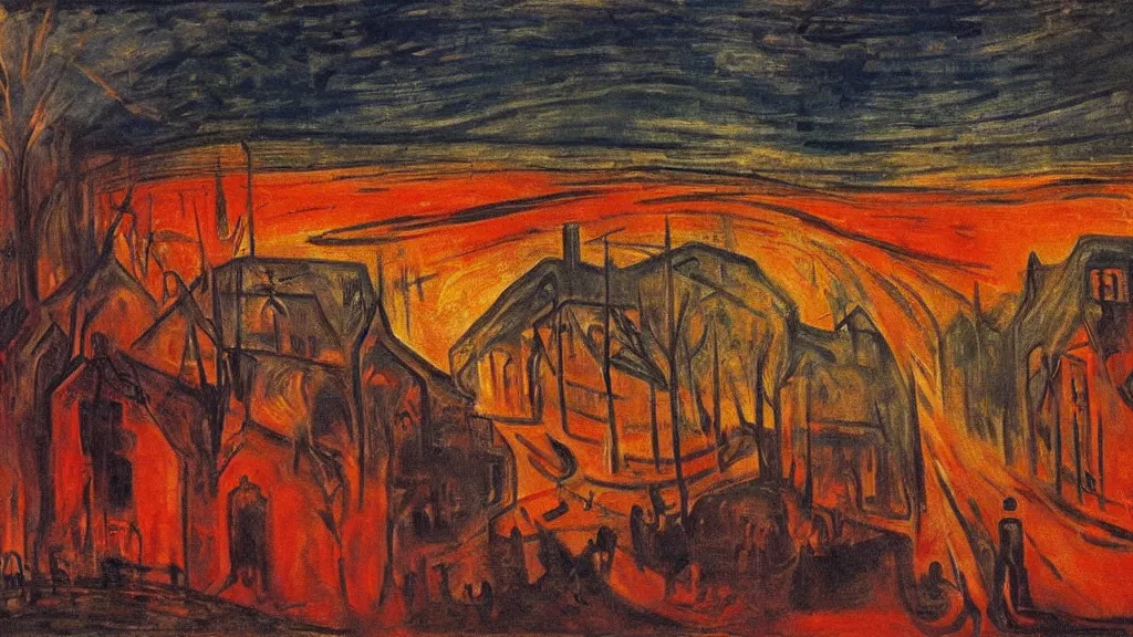 Image similar to a burning town, tragic painting by edvard munch