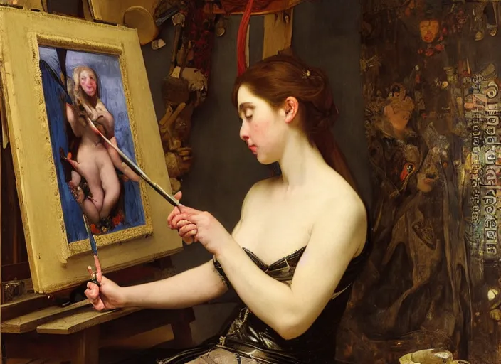 Prompt: a painter in his studio painting a picture of belle delphine by edgar maxence and caravaggio and michael whelan and delacroix style, artistic, intricate painting, cinematic lighting, hyper realistic, extremely detailed, establishing shot, 8 k resolution, dramatic lighting