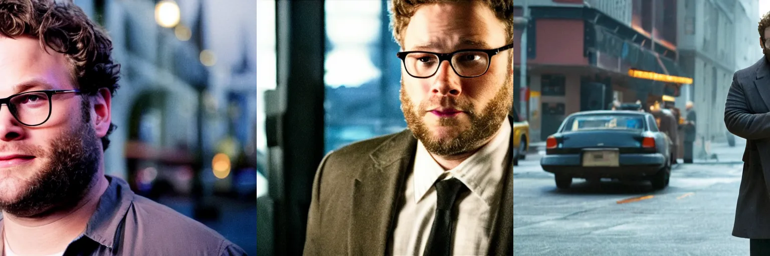 Prompt: close-up of Seth Rogen as a detective in a movie directed by Christopher Nolan, movie still frame, promotional image, imax 70 mm footage