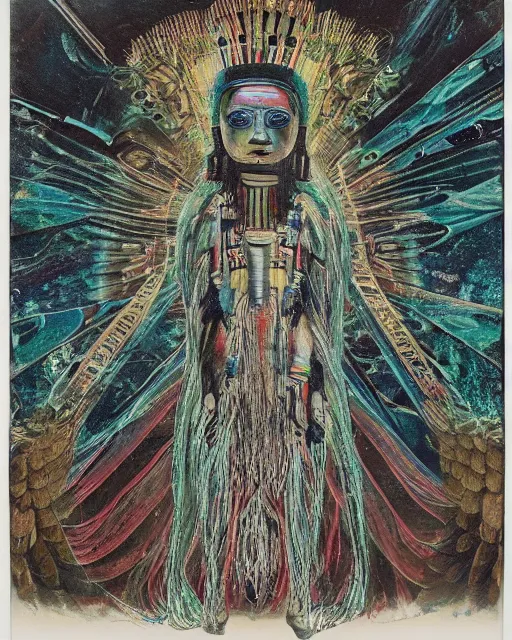 Prompt: unknown title, unknown artist, unkown year, unknown , wikiart, imet2020, The Behance Artistic Media Dataset BAM , NationalGalleryOfArt, metmuseum, artres, mixed media, artstyleunknown, unknown artstyle, heavy armoured, alien, xeno king, shaman, a psychedelic polaroid of a aztec angel shaman transmutation, the shaman angel is wearing enchanted-clothing-ekperem-bamlike-benin-dogon-aztec-peruvian-patterned-traditional clothing with wings, burned photograph, 35mm Film Photography Failures, mixed media