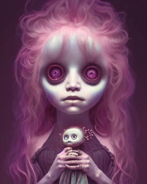 Image similar to one singular portrait of a cute bioluminescent creepy doll, post grunge, highly detailed, digital painting, cinematic, hyper realism, dark retrowave, art by mark ryden and pixar and artgerm and magali villeneuve and alphonse mucha, artstation, octane render, cgsociety