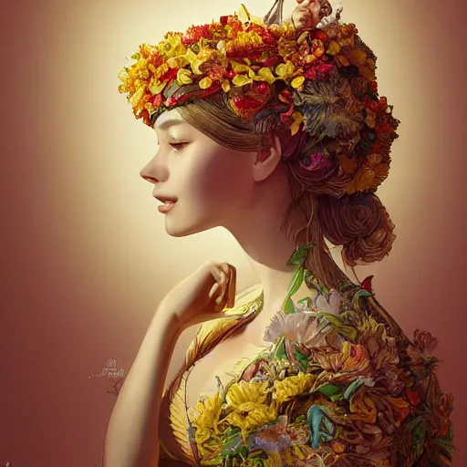 Image similar to the portrait of an absurdly beautiful, graceful, elegant young woman made of bananas and petals looking down, an ultrafine detailed illustration by kim jung gi, irakli nadar, intricate linework, bright colors, octopath traveler, final fantasy, angular, unreal engine 5 highly rendered, global illumination, radiant light, detailed and intricate environment