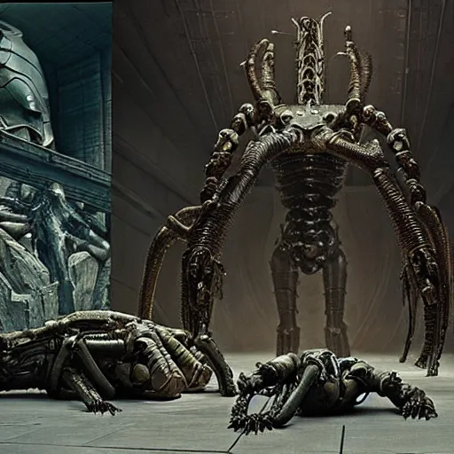 Prompt: still frame from Prometheus movie by giger, necron lord skorpekh editorial by Malczewski, biomechanical armoured knight by Wayne Barlowe, ornate elaborate complex artifact of annihilation