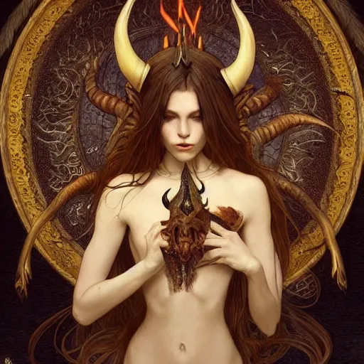 Image similar to a beautiful illustration of a satanic witch with horns in head holding a dragon, intricate, sharp focus, illustration, highly detailed, digital painting, concept art, matte, art by wlop and artgerm and greg rutkowski and alphonse mucha, masterpiece