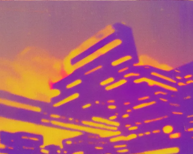 Prompt: futuristic city, violet and yellow sunset, polaroid photo, whimsical and psychedelic, 1 9 6 0 s, grainy, expired film, glitched