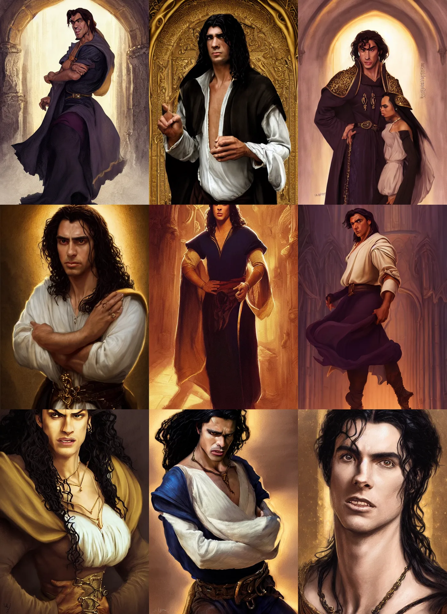 Prompt: a portrait of a male version of esmeralda from hunchback of notre dame, young adult, black elegant hair, white shirt, elegant clothing, handsome, medieval garb, golden bracelet and jewelry, style by donato giancola, wayne reynolds, jeff easley dramatic light, high detail, cinematic lighting, artstation, dungeons and dragons