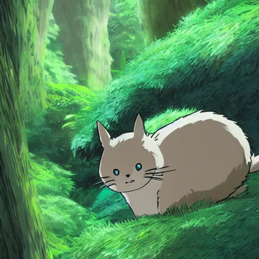 Prompt: cat shaped like totoro looking into large cave entrance in a lush forest, studio ghibli style, by hayao miyazaki, sharp focus, highly detailed, 4k