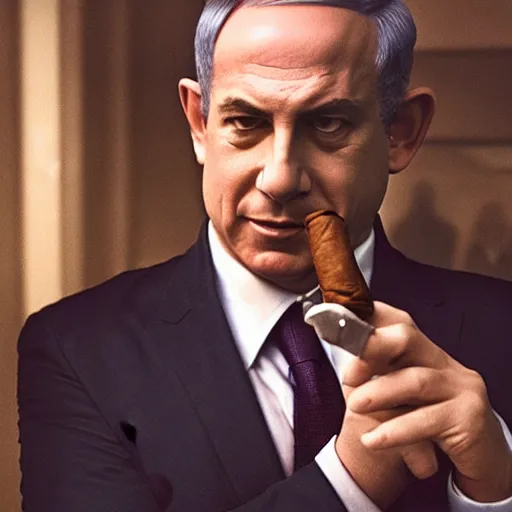 Prompt: portrait of benjamin netanyahu as the godfather smoking a cigar, neo noir style, dramatic lighting, cinematic, dark, foreboding, establishing shot