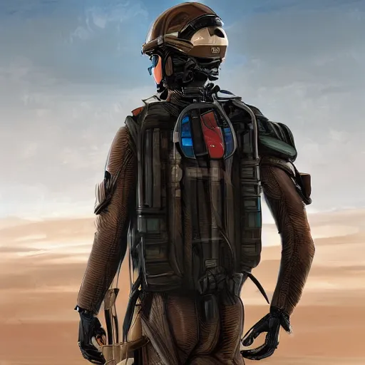 Prompt: futuristic insurgent wearing black helmet glossy visor, brown cloak, technical vest with tubing, and a backpack, photorealistic, digital art , red tint