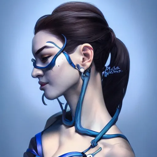 Prompt: character portrait of Widowmaker from Overwatch, blue skin, intricate, wild, highly detailed, digital painting, artstation, upper body, concept art, smooth, sharp focus, illustration, art by artgerm and greg rutkowski and alphonse mucha