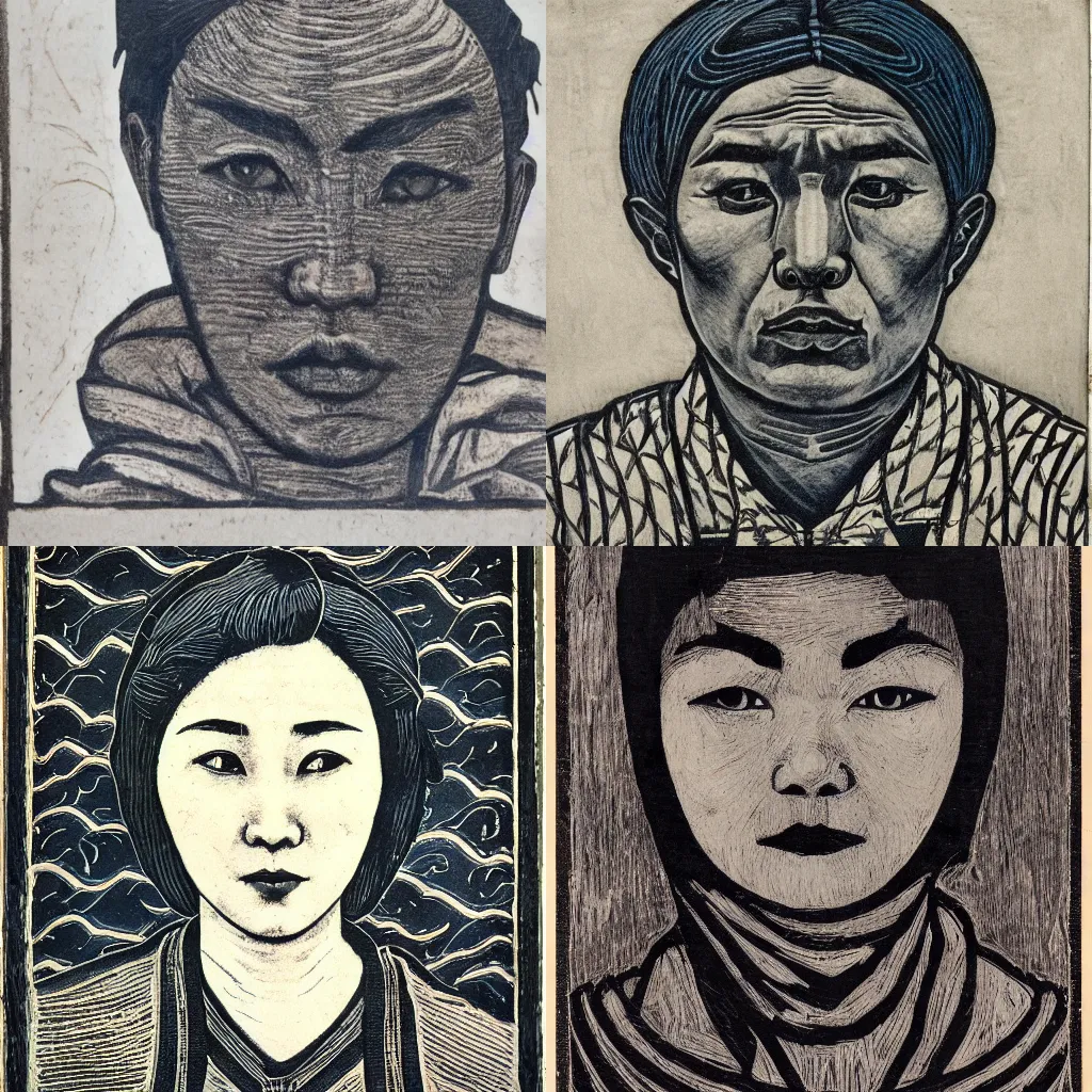 Prompt: portrait, kazakh realist, woodcut, art nouveau ( 1 9 2 2 ), pyrrol scarlet, titanium white, prussian blue, stathmore 2 0 0, 3 5 mm, f 1. 4, grisaille, luminous