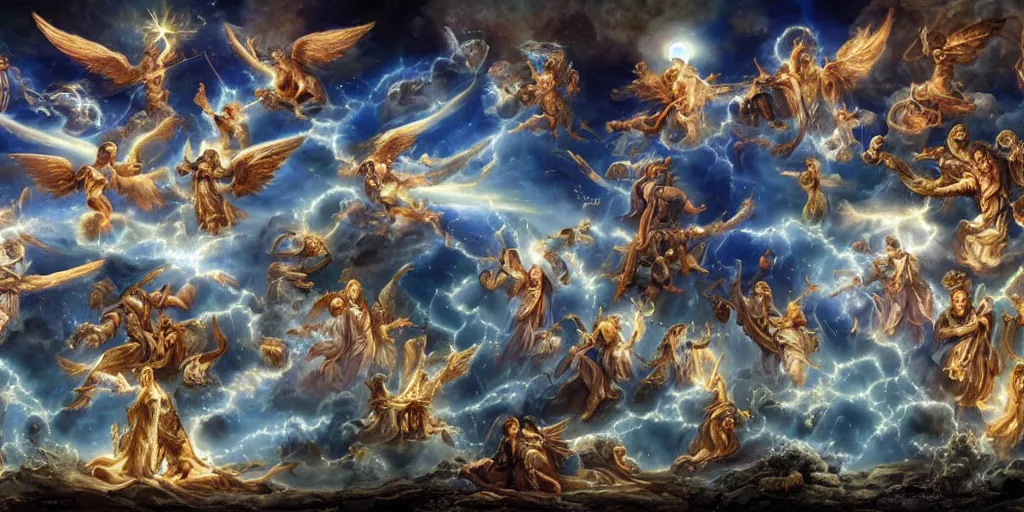 Image similar to the celestial cohort in all its glory, the angels, archangels, cherubims, thrones, dominions, seraphims, holy lighting, epic clouds, heaven, amazing,