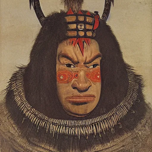 Prompt: scale-faced tlingit maori indonesian with klingon forehead, angry expression, tusks, wicker Roman lorica, necklace made of human teeth, war propaganda of burning redwood forest by Rembrandt, Barlowe, and Bruegel