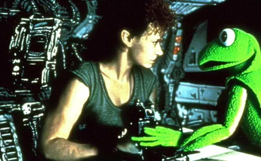 Prompt: the scene from aliens where ripley is in a powerloader but it's kermit the frog vfx film