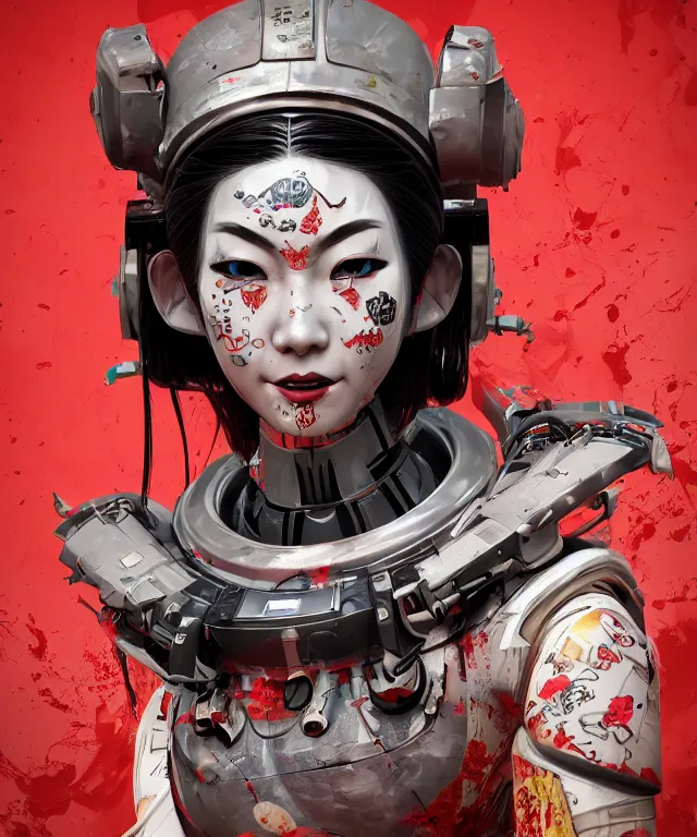 Image similar to an epic fantastic realism comic book style portrait painting of a japanese robotic geisha with kanji tattoos and decals, apex legends, octane render, intricate detail, 4 k hd, unreal engine 5