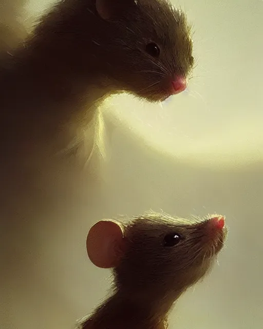 Prompt: a small mouse looks upwards, he is curious about what he sees, digital portrait by greg rutkowski, fantasy art, concept art, by disney concept artists, cinematic lighting, evening light, trending on artstation, cgsociety