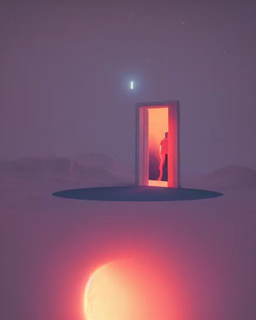 Image similar to a person standing in front of a glowy open door that's on a barren moon, poster art by mike winkelmann, trending on cg society, space art, sci - fi, ue 5, futuristic, volumetric lighting