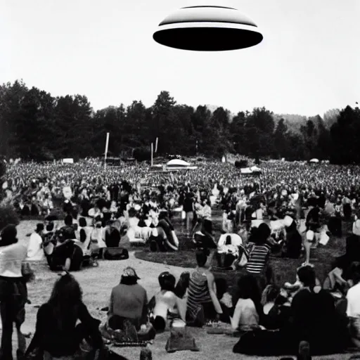 Prompt: a picture of an ufo above an hippie festival in the 6 0's, black and white