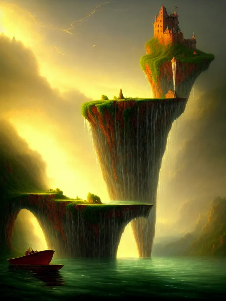 Image similar to gediminas pranckevicius an immense gigantic ornated iron cup with a lake inside, water in excess droping by thomas cole, boats, castle, sunset, volumetric light, godrays