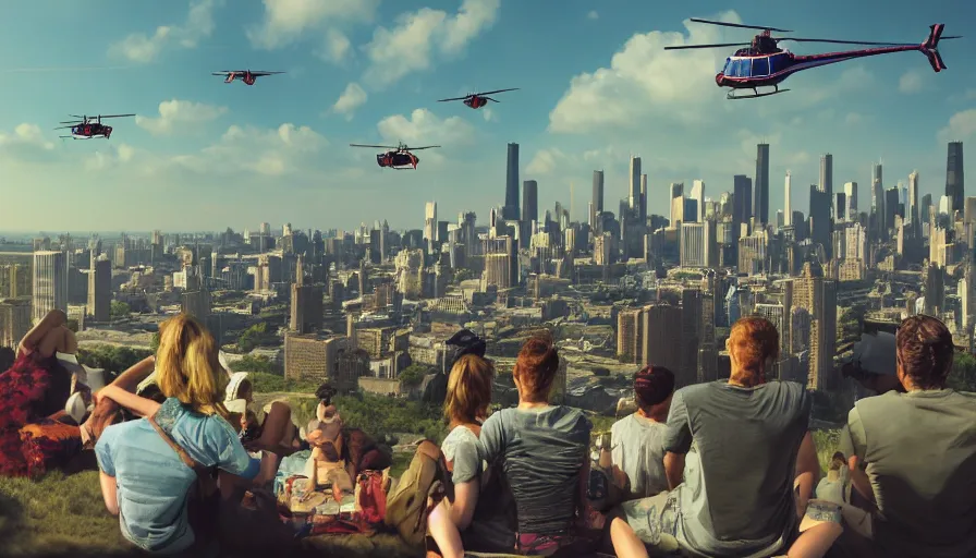 Image similar to people sitting on a hill watching chicago with helicopters above the city, hyperdetailed, artstation, cgsociety, 8 k