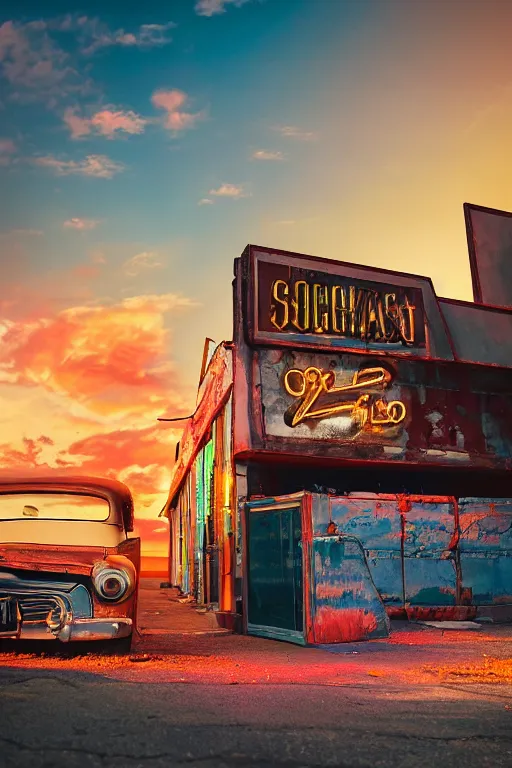 Image similar to a sunset light landscape with historical route 6 6, lots of sparkling details and sun ray ’ s, blinding backlight, smoke, volumetric lighting, colorful, octane, 3 5 mm, abandoned gas station, old rusty pickup - truck, beautiful epic colored reflections, very colorful heavenly, softlight