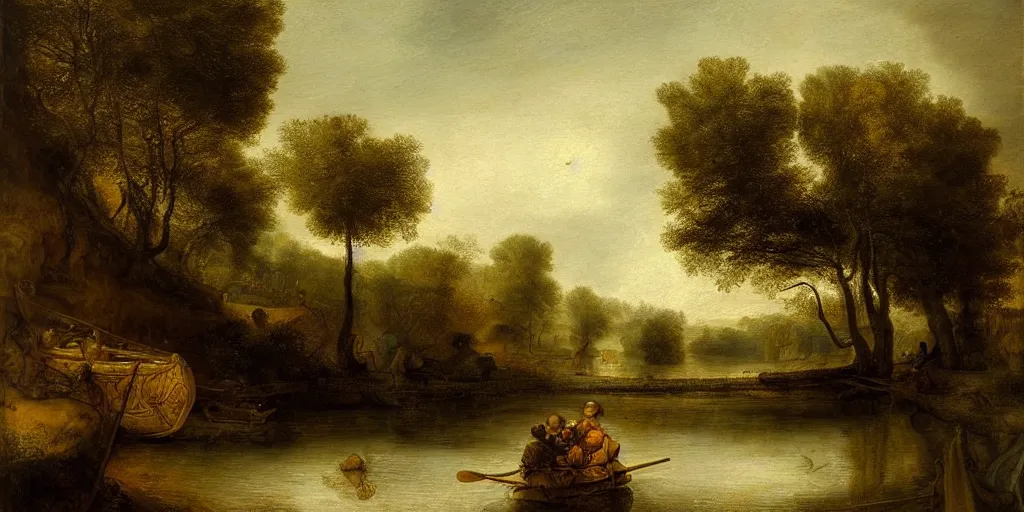 Prompt: An intricate extremely detailed painting in a style of rembrandt featuring a river in Europe surrounded by trees and fields. A dinghy is slowly moving through the water. Sun is shining