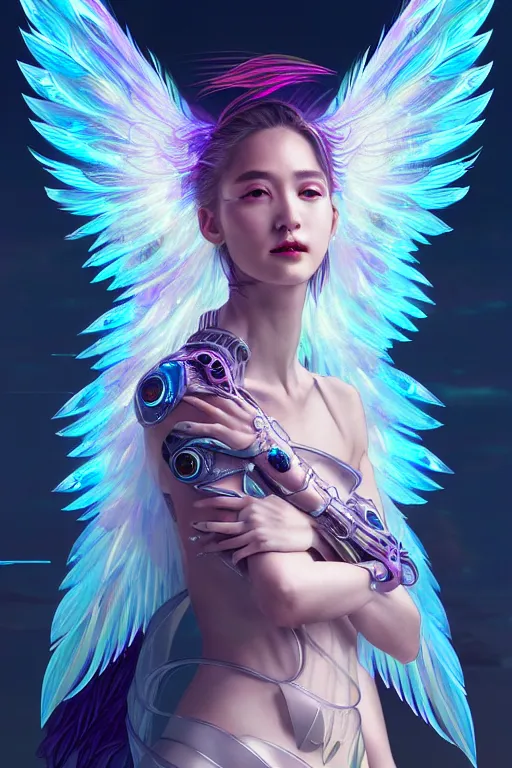 Image similar to portrait futuristic goddess angel Girl with wings and halo and armor and feathers, in future cyberpunk tokyo rooftop , ssci-fi, fantasy, intricate, very very beautiful, elegant, human anatomy, human structure, neon light, highly detailed, digital painting, artstation, concept art, smooth, sharp focus, illustration, art by tian zi and WLOP and alphonse mucha