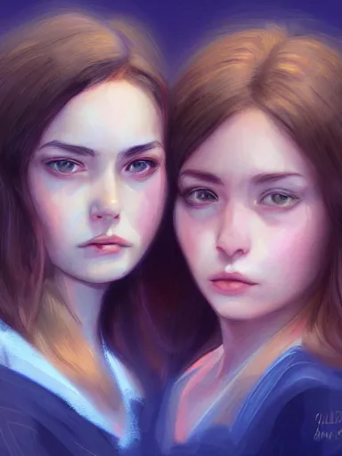 Image similar to two girls, portrait, digital painting, elegant, beautiful, highly detailed, artstation, concept art