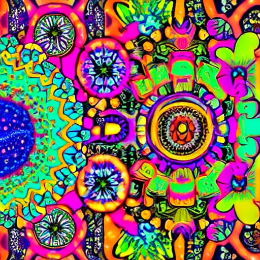 Prompt: Liminal space in outer space, Groovival aesthetic, hippie motifs, flower power motifs, with bright psychedelic shapes