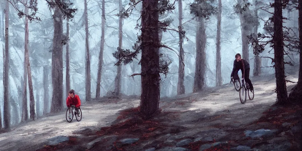 Image similar to Exactly two men biking alone up a steep forest hill. One with a deep dark blue sweater and the other with a wine red sweater. sweaty. Oil painting. Emotional. Trending on artstation. Steep. Nordic Trees. Rustic. Artistic.