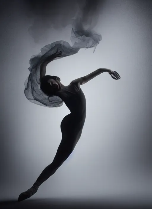 Image similar to a Photorealistic dramatic hyperrealistic render of a glamorous beautiful Female smoke dancer with perfect human form by Ken Brower and Deborah Ory of NYC Dance project,Lois Greenfield,Flowing cloth and smoke,Beautiful dynamic dramatic dark moody lighting,volumetric,shadows,cinematic atmosphere,Octane render,8K