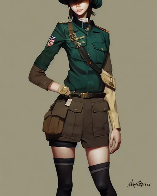 Image similar to young woman with shoulder length light brown hair and hazel eyes dressed in a sharp dark teal military uniform and beret, anime, ilya kuvshinov, greg rutkowski, guweiz, ross tran, loish, svetlana tigai, artgerm, artstation trending, concept art, digital painting