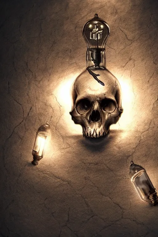 Prompt: photorealistic dark fantasy concept art of a lightbulb made from a human skull, dynamic lighting, stunning visuals, realism, cinematic, hyper detailed, ultra detailed, beautiful visuals