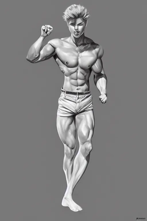 Image similar to a handsome man with blonde hair, ken doll, male android, muscular, wearing a cut-off white top and short light orange shorts, stands by a swimming pool, facing forward, in the style of artgerm and moebius and annie liebovitz, photorealistic, highly detailed, trending on artstation