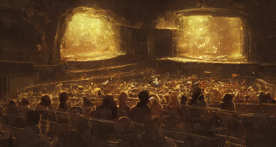 Image similar to craig mullins and ghibli digital art of inside the theater, on the stage, masked female violinists, solo ， exotic costumes, gold jewelry, black hair, realistic shading, cinematic composition, realistic render, octane render, detailed textures, photorealistic, wide shot