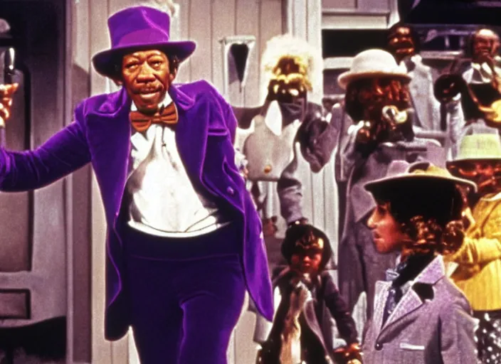 Image similar to a film still of Morgan Freeman as Willy Wonka in Willy Wonka and the Chocolate Factory 1971