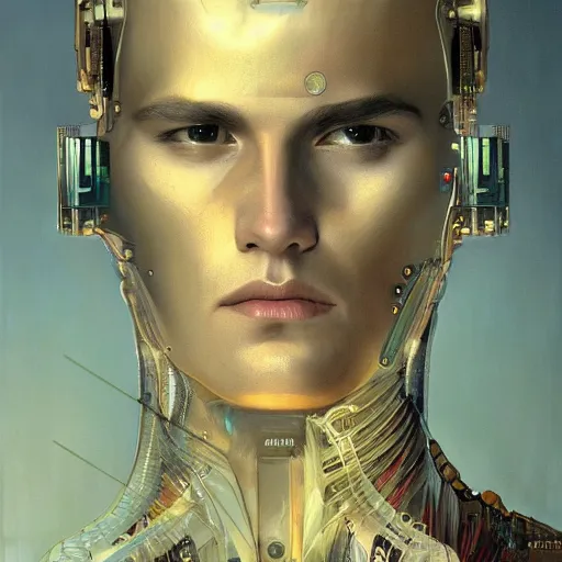 Prompt: portrait of a beautiful blond male android, coy, circuitry visible in head, in the style of ex machina, karol bak, alphonse mucha, greg rutkowski, award winning, hr giger, artstation