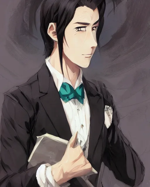 Image similar to an anime portrait of doctor bob as a beautiful man wearing a tuxedo from skyrim, by stanley artgerm lau, wlop, rossdraws, james jean, andrei riabovitchev, marc simonetti, and sakimichan, trending on artstation