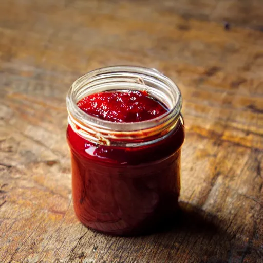 Prompt: Small people trying to escape a jar of strawberry jam, high definition photography, 8k