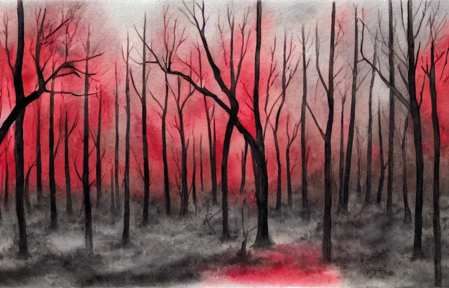 Image similar to graveyard in a dark and gloomy forest and red stream, dark gray sky with red rain, watercolor painting