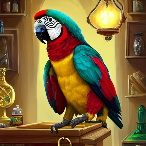 Prompt: Anthropomorphized parrot trader in his shop, selling his wares, portrait, items, gold, magic potions, carpet, window, fancy hat, sly expression , cunning expression, cute expression, long thick shiny gold beak, presenting wares, holding a gold bag, D&D, fantasy, cinematic lighting, highly detailed, digital painting, artstation, concept art, smooth, sharp focus, illustration, warm light, cozy warm tint, magic the gathering artwork, volumetric lighting, 8k, art by Akihiko Yoshida, Greg Rutkowski