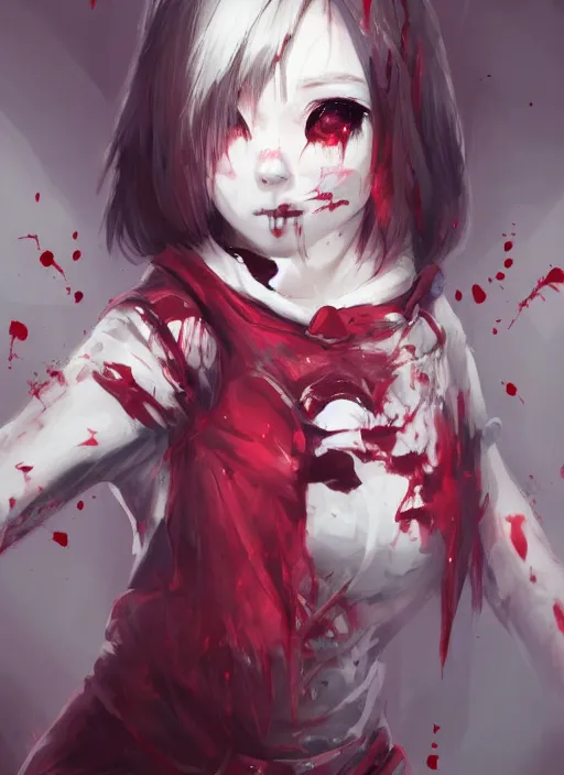 Image similar to a highly detailed illustration of short hair cute japanese girl wearing blood stained hoodie and bandages on legs, bright red eyes, dramatic sadistic berserk pose, intricate, elegant, highly detailed, centered, digital painting, artstation, concept art, smooth, sharp focus, league of legends concept art, WLOP