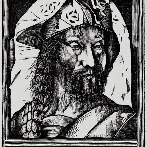 Image similar to albrecht durer woodcut portrait of a tattooed warrior celt man on a field